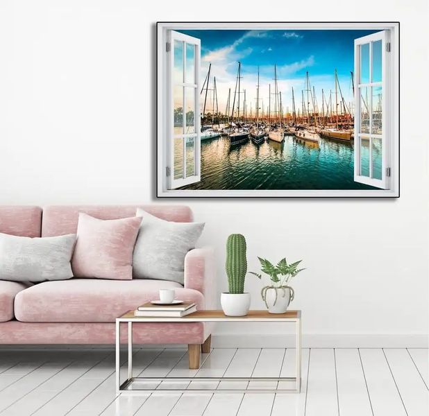 Наклейка на стену, 3D-окно с видом на переполненный порт с лодками W169 фото