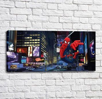 Poster Spiderman pe fundalul orașului de noapte și mașini, benzi desenate Mul16634 фото