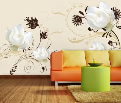 3Д фотообои, белые цветы и узоры на бежевом фоне от 320 MDL онлайн в Кишиневе 3D4914 фото