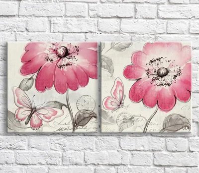 Картина Розовые бабочки и полевые цветы на черно белом фоне, винтаж, диптих TSv10464 фото
