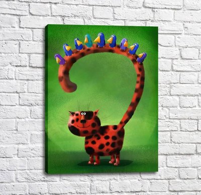 Постер Рыжий кот с птицами на хвосте Kot16988 фото