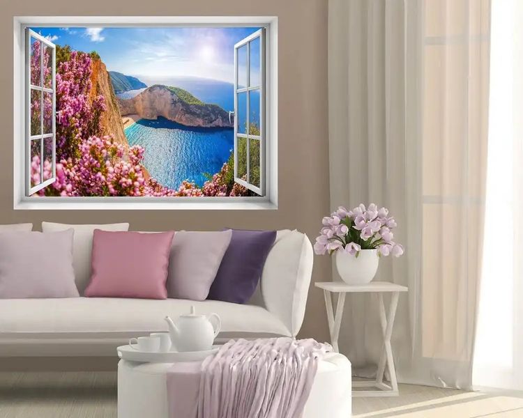 Наклейка на стену, 3D-окно с видом на море и розовые цветы W18 фото