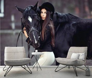 Фотообои - "Девушка брюнетка с черной лошадью" Spo3065 фото