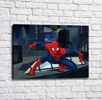 afiș Spiderman pe acoperișul unei clădiri &icirc;nalte, benzi desenate Mul16635 фото