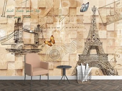Фотообои Иллюстрированный стилизованный Париж на фоне деревянных брусьев Sov2465 фото