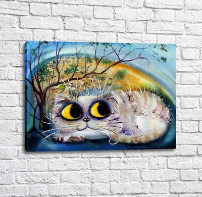 Poster Pisică albă cu ochi galbeni sub un copac Kot17043 фото