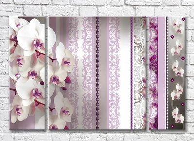 Triptic Ramuri de orhidee albă pe un fundal cu model liliac 3D7816 фото