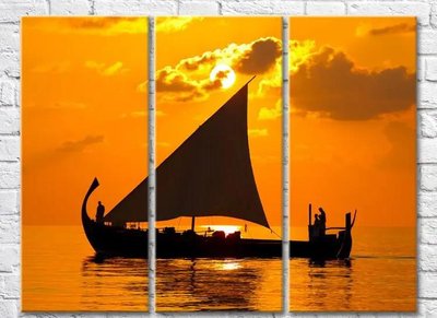 Триптих Силуэт лодки на фоне желтого заката Mor10017 фото