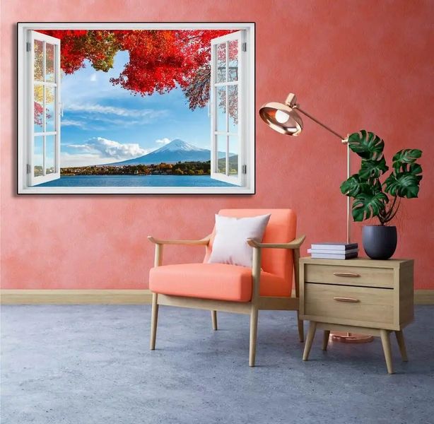 Наклейка на стену, 3D-окно с видом на море в горах W165 фото