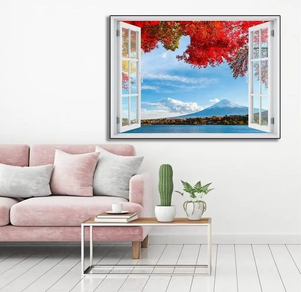Наклейка на стену, 3D-окно с видом на море в горах W165 фото