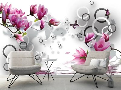 Фотообои Ветки розовой магнолии и бабочки над водой 3D3841 фото