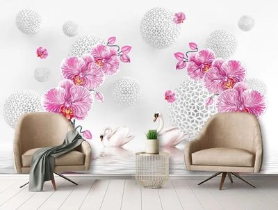 Фотообои Яркие бело розовые орхидеи на фоне 3д шаров и лебедей 3D5341 фото