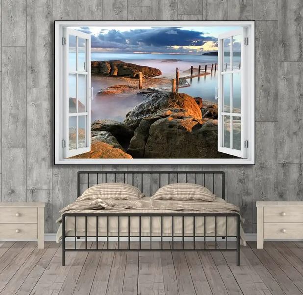 Наклейка на стену, Окно с видом на прекрасный пляж W191 фото