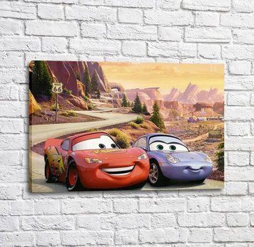 Poster McQueen și Sally pe fundalul drumului și al dealurilor Mul16288 фото