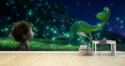 Фотообои Малыш и зеленый динозавр на фоне светлячков Ger2869 фото