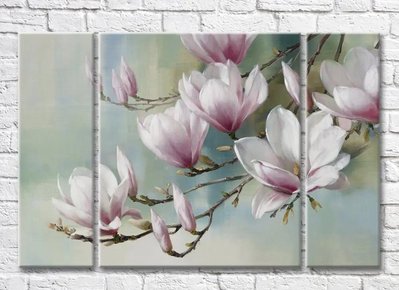 Triptic Flori mari de magnolie roz pe fond albastru Ris9119 фото