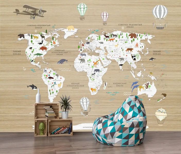 Карта мира с животными на деревянном бежевом фоне Fot469 фото