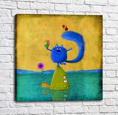 Постер Синий кот с букетом на рыбе и божья коровка Kot16995 фото