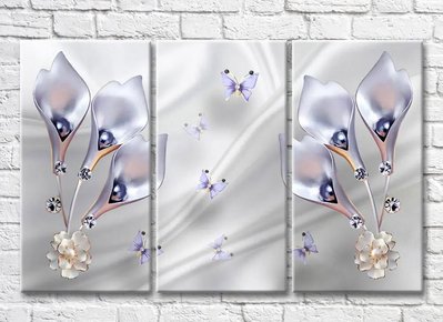 Триптих Жемчужные цветы и фиолетовые бабочки на фоне шелка 3D7921 фото