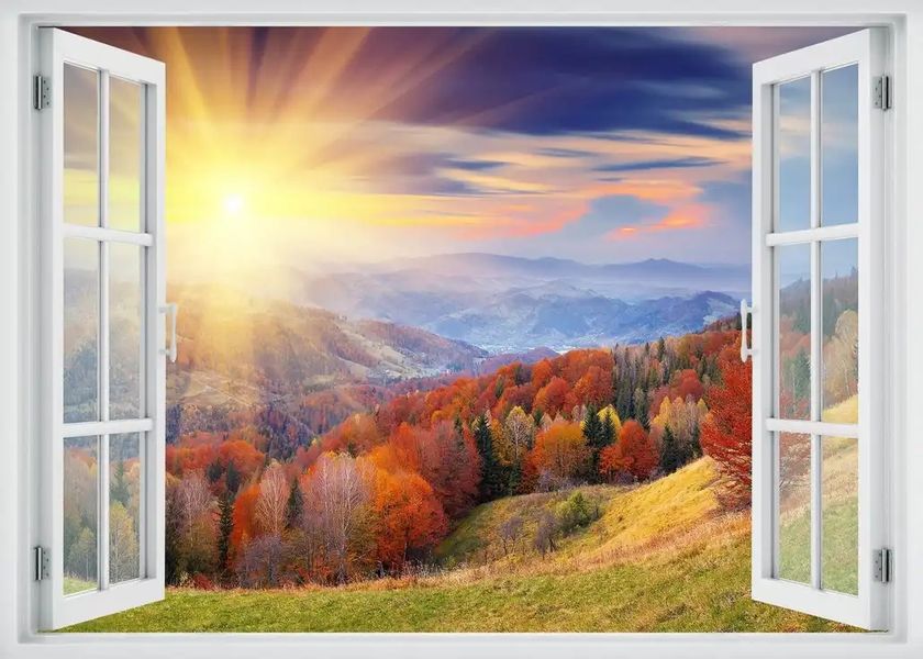 Наклейка на стену, 3D-окно с видом на разноцветный лес в горах W161 фото