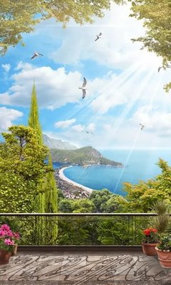 Фреска вид с балкона, океан и острова Fre3922 фото