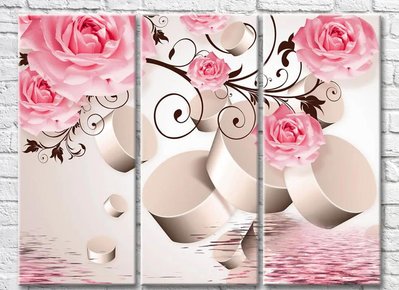 Триптих Розовые розы и цилиндры в перспективе 3D7922 фото