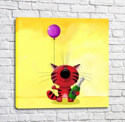 Poster Pisică roșie cu șampanie și balon Kot16997 фото