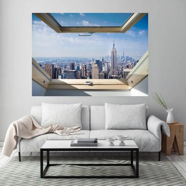 Наклейка на стену, 3D-окно с видом на Нью-Йорк W10 фото