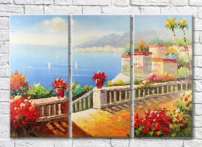 Триптих Лестница с цветочными горшками идущая к моря Sre7573 фото