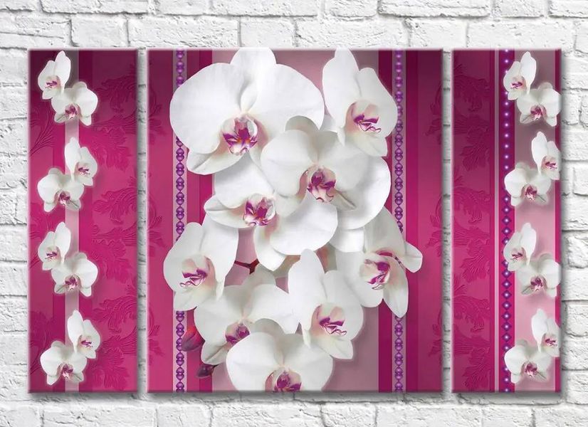 Триптих Белые орхидеи на розовом фоне с узорами 3D7823 фото
