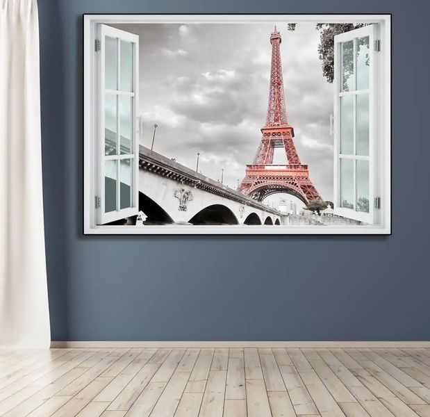 Наклейка на стену, Окно с видом на Эйфелеву башню черно-белое W58 фото