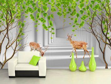 Фотообои - "Олени в коридоре и свисающие ветки с листочками" 3D3776 фото