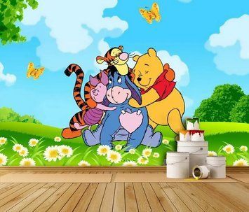 Fototapet - "Fototapet Winnie the Pooh și prietenii săi pe fundal de flori și cer albastru" Ger2926 фото