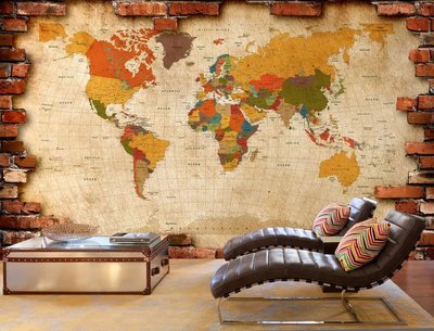 Hartă multicoloră a lumii pe fundal de perete de cărămidă Sov1076 фото