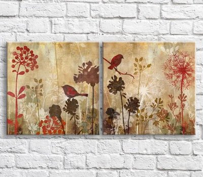 Картина Полевые цветы и птицы в винтажном стиле, графика, диптих TSv10426 фото