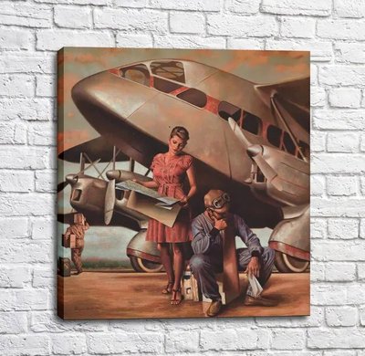 Постер Летчик и девушка с картой на фоне самолета Put17257 фото