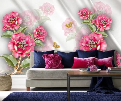 3Д фотообои, розовые цветы с камнями на текстуре шелка от 320 MDL онлайн в Кишиневе 3D3827 фото