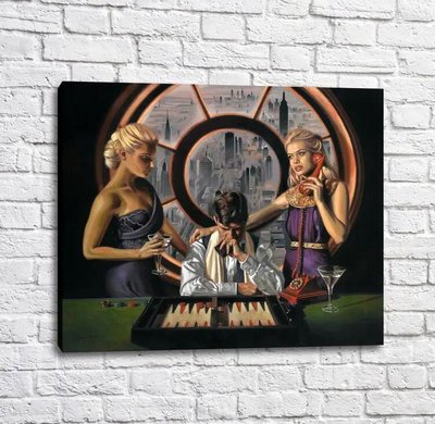 Постер Игрок в нарды на фоне двух очаровательных дам Put17258 фото