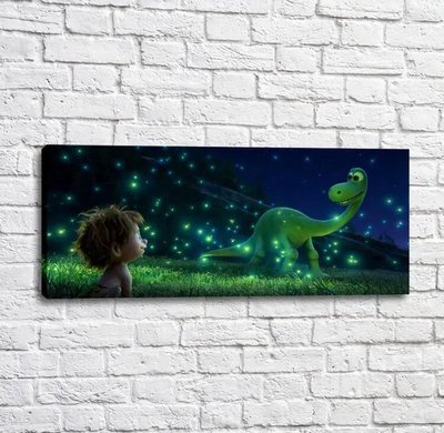 Постер Маленький малыш и зеленый динозавр на фоне светлячков Mul16297 фото
