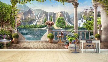 Фотообои - "Фреска Терраса с выходом к водоему, горы и водопады" Fre3842 фото