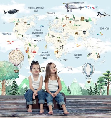 Карта мира детская, на русском, шары, самолеты и горы Det292 фото