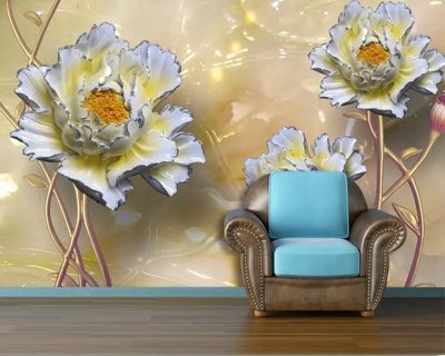 Фотообои Бело желтые керамические цветы на блестящем фоне 3D5342 фото