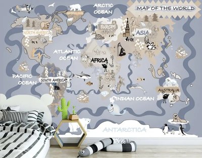 Harta lumii gri cu continente bej și animale Det1028 фото