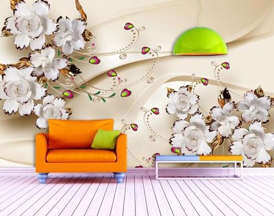 Фотообои 3Д белые цветы на светлом бежевом фоне с узорами 3D4678 фото