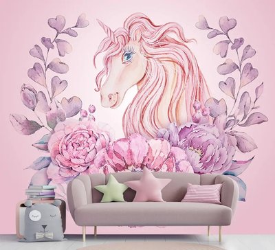 Portretul unui unicorn pe un fundal roz și o coroană de flori Fot528 фото