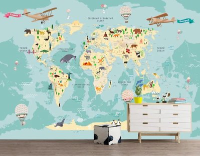 Harta lumii pentru copii continente galbene pe fundal turcoaz Fot479 фото