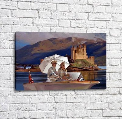 Poster Un tip și o fată pe o barcă pe fundalul castelului Put17260 фото