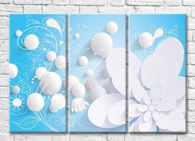 Триптих Белые цветочные узоры на голубом фоне 3D7930 фото