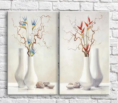 Картина Ветви в белых вазах на белом фоне, натюрморт, диптих TSv10580 фото