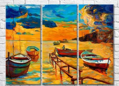 Триптих Рисунок лодок у берега на закате Mor10031 фото